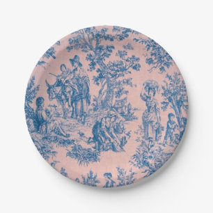 French toile de jouy blue and pink elegant paper plates
