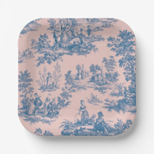 French toile de jouy blue and pink elegant paper plates
