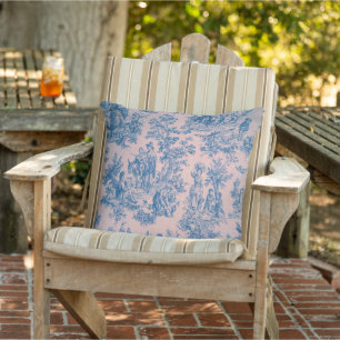 French toile de jouy blue and pink elegant patio outdoor pillow