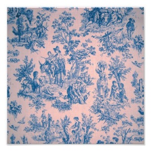 French toile de jouy blue and pink elegant photo print