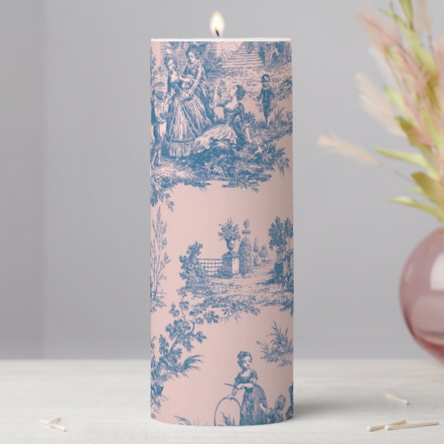 French toile de jouy blue and pink elegant pillar candle (In Situ)