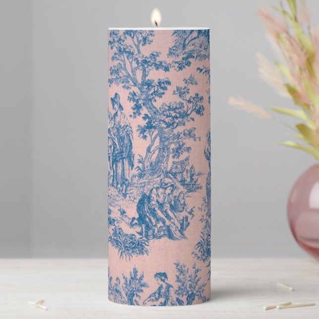 French toile de jouy blue and pink elegant pillar candle (In Situ)