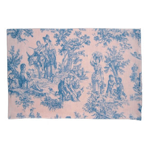 French toile de jouy blue and pink elegant pillow case