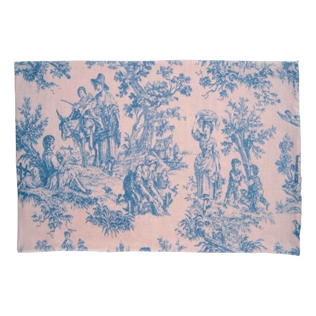 French toile de jouy blue and pink elegant pillow case (Front)