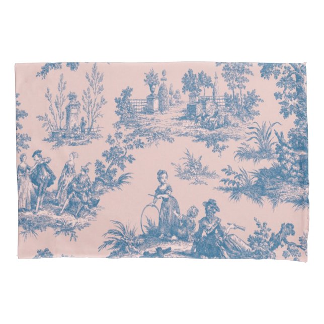 French toile de jouy blue and pink elegant pillow case (Front)