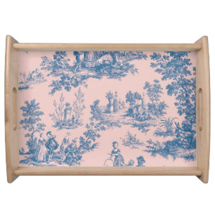 French toile de jouy blue and pink elegant serving tray