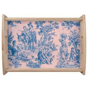 French toile de jouy blue and pink elegant serving tray