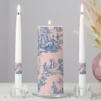French toile de jouy blue and pink elegant unity candle set