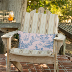 French toile de jouy blue and pink patio outdoor lumbar pillow