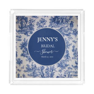 French Toile de Jouy Blue and White Bridal Shower Acrylic Tray