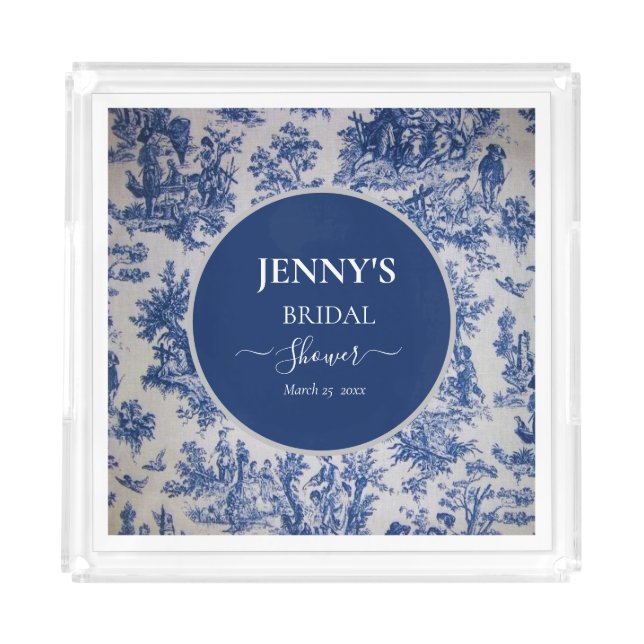 French Toile de Jouy Blue and White Bridal Shower Acrylic Tray (Front)