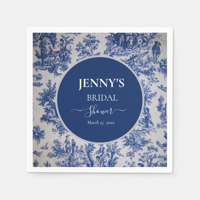 French Toile de Jouy Blue and White Bridal Shower Napkins (Front)