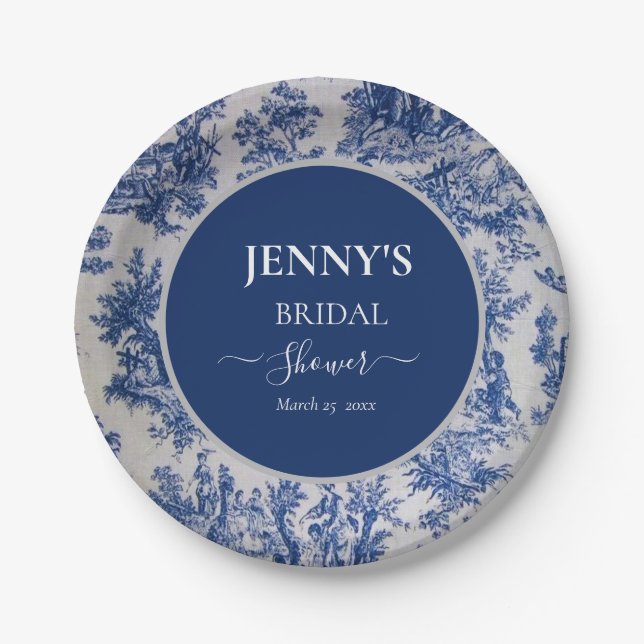 French Toile de Jouy Blue and White Bridal Shower Paper Plates (Front)