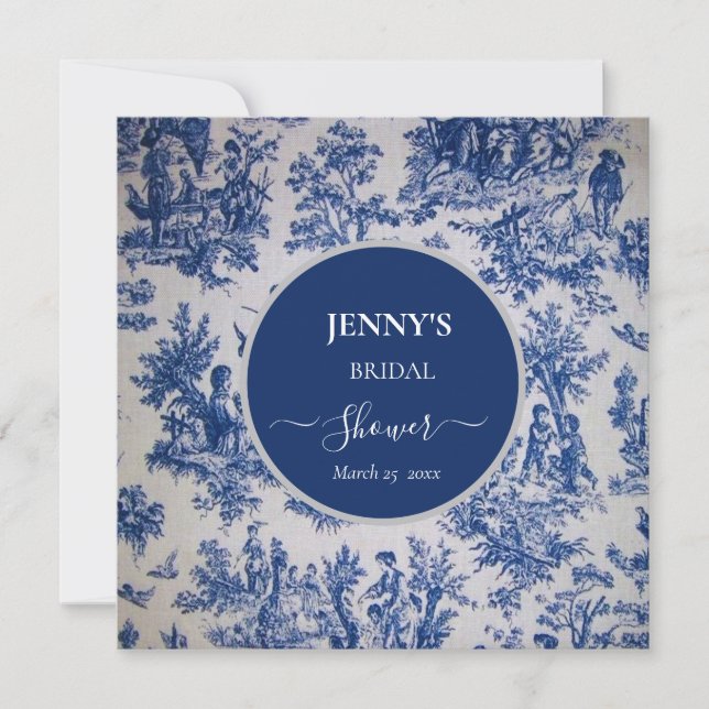French Toile de Jouy Blue and White Bridal Shower Save The Date (Front)