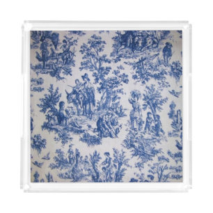 French toile de jouy blue and white elegant acrylic tray