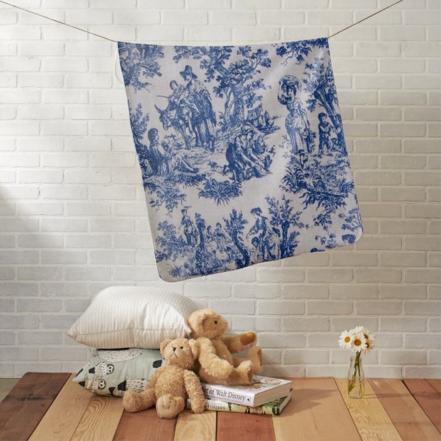 French toile de jouy blue and white elegant baby blanket (In Situ)