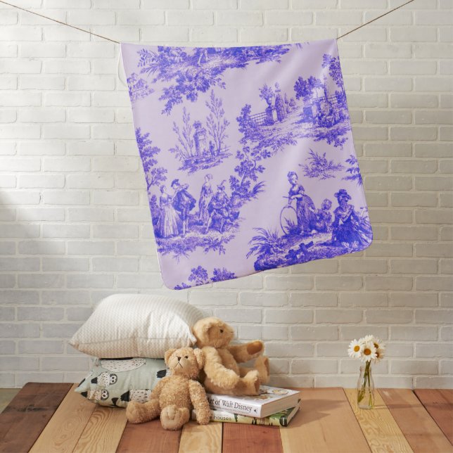 French toile de jouy blue and white elegant baby blanket (In Situ)