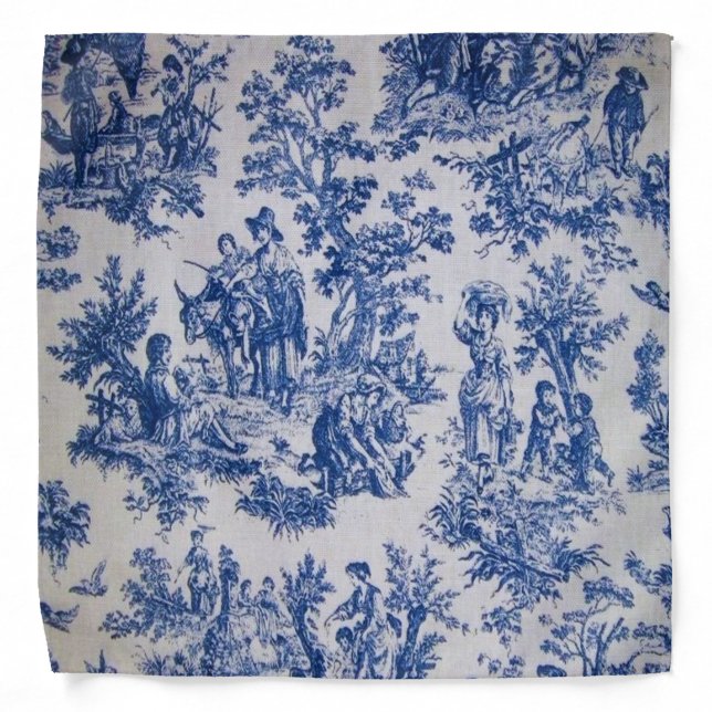French toile de jouy blue and white elegant bandana (Front)