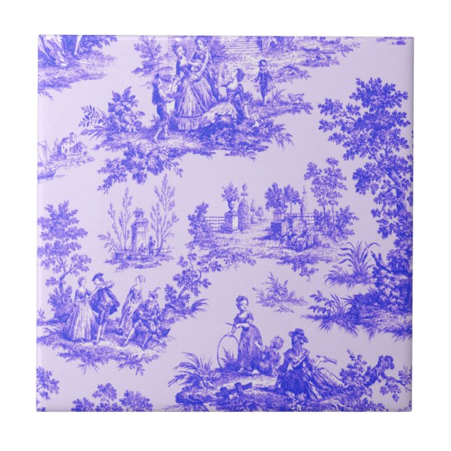 French toile de jouy blue and white elegant ceramic tile (Front)