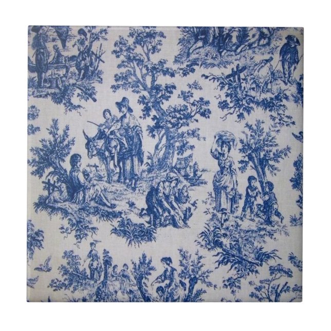 French toile de jouy blue and white elegant ceramic tile (Front)