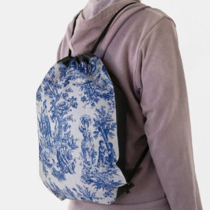 French toile de jouy blue and white elegant drawstring bag