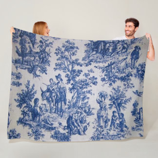 French toile de jouy blue and white elegant fleece blanket