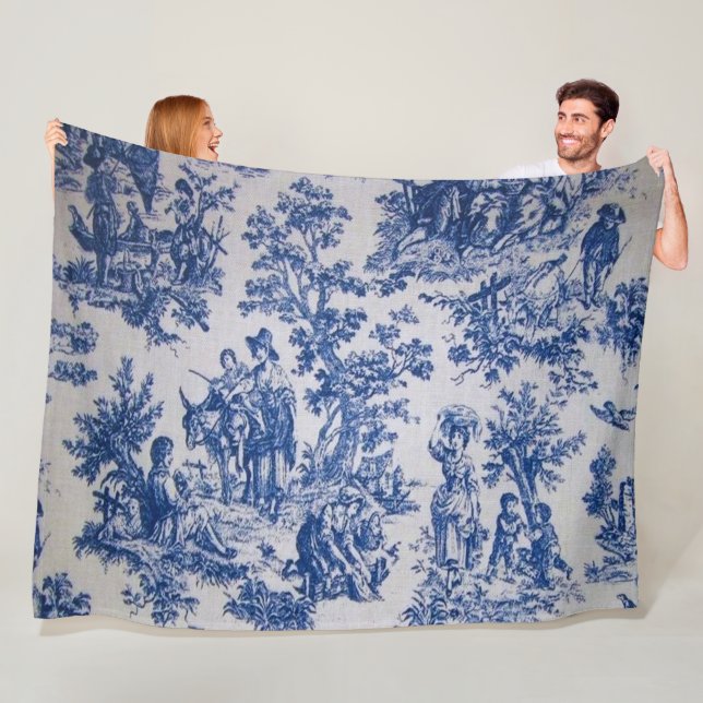 French toile de jouy blue and white elegant fleece blanket (In Situ)