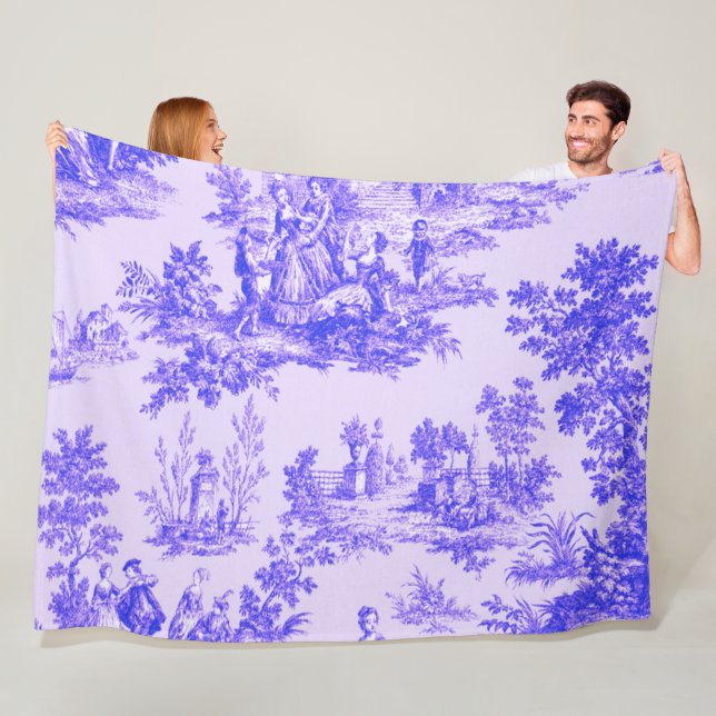 French toile de jouy blue and white elegant fleece blanket (In Situ)