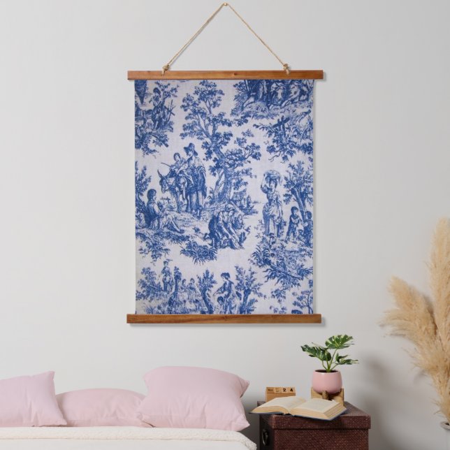 French toile de jouy blue and white elegant hanging tapestry (Bedroom)