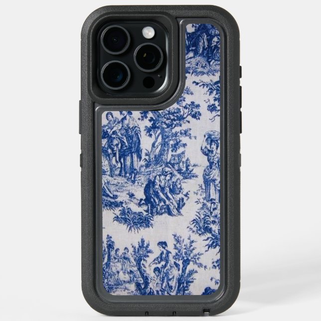 French toile de jouy blue and white elegant iPhone 15 pro max case (Back (Black Titanium))