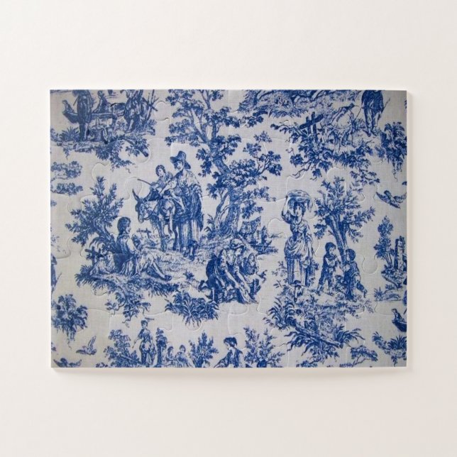 French toile de jouy blue and white elegant jigsaw puzzle (Horizontal)