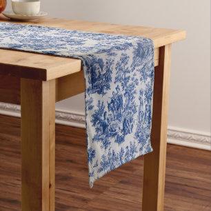 French toile de jouy blue and white elegant long table runner