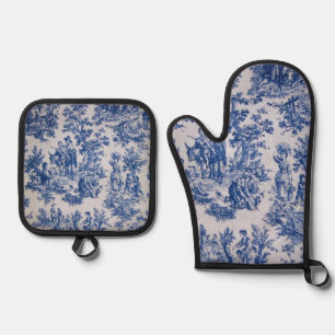 French toile de jouy blue and white elegant oven mitt & pot holder set