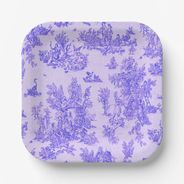 French toile de jouy blue and white elegant paper plates (Front)