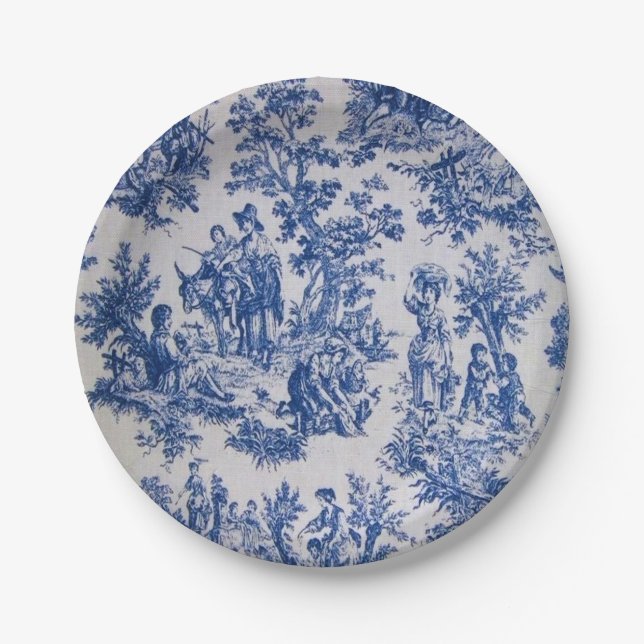 French toile de jouy blue and white elegant paper plates (Front)