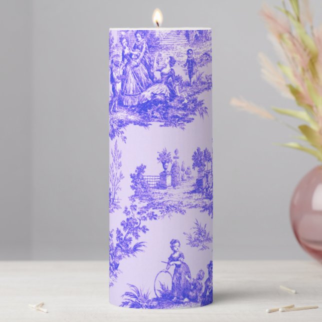 French toile de jouy blue and white elegant pillar candle (In Situ)