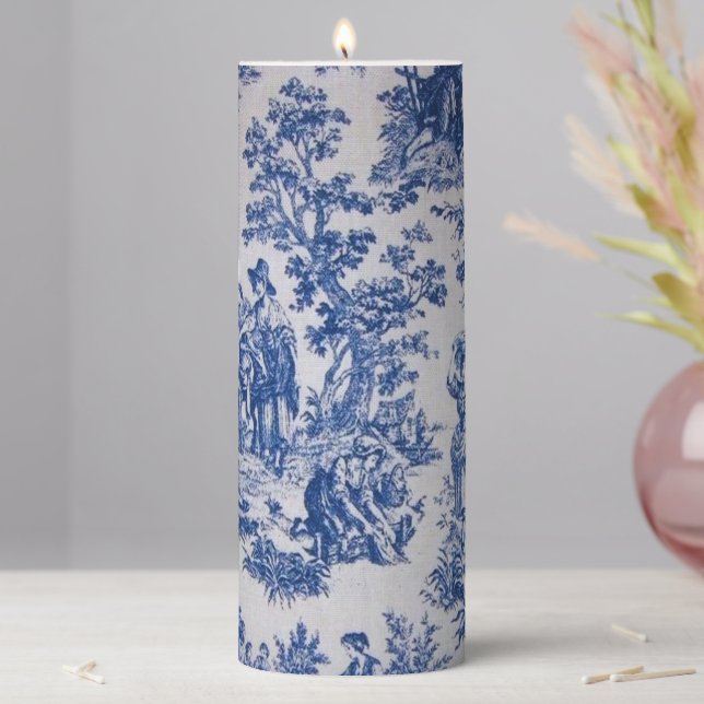 French toile de jouy blue and white elegant pillar candle (In Situ)