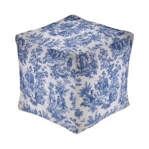French toile de jouy blue and white elegant pouf