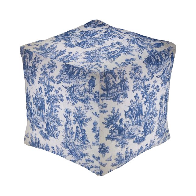 French toile de jouy blue and white elegant pouf (Angled Front)