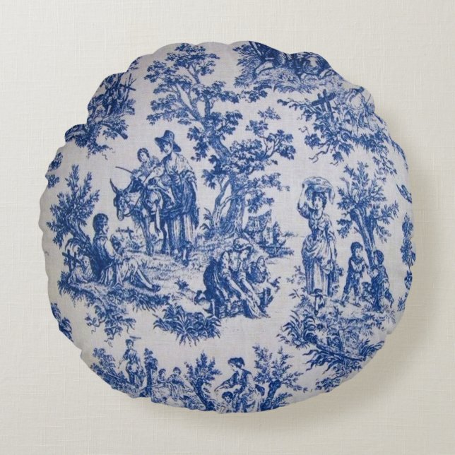 French toile de jouy blue and white elegant round pillow (Front)