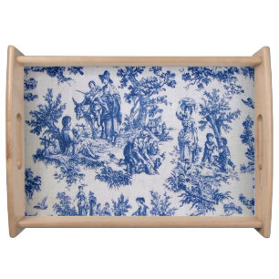 French toile de jouy blue and white elegant serving tray