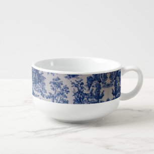 French toile de jouy blue and white elegant soup mug