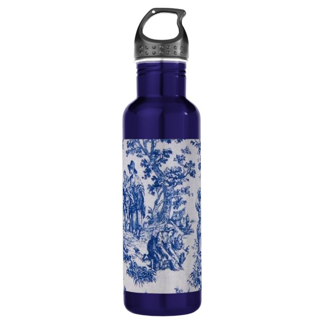 French toile de jouy blue and white elegant stainless steel water bottle (Front)