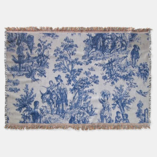 French toile de jouy blue and white elegant throw blanket