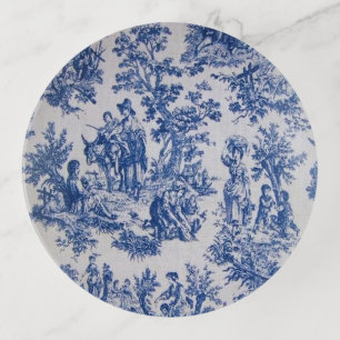 French toile de jouy blue and white elegant trinket tray