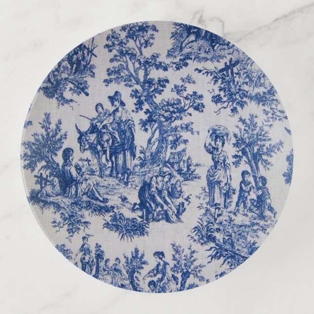 French toile de jouy blue and white elegant trinket tray (Front)