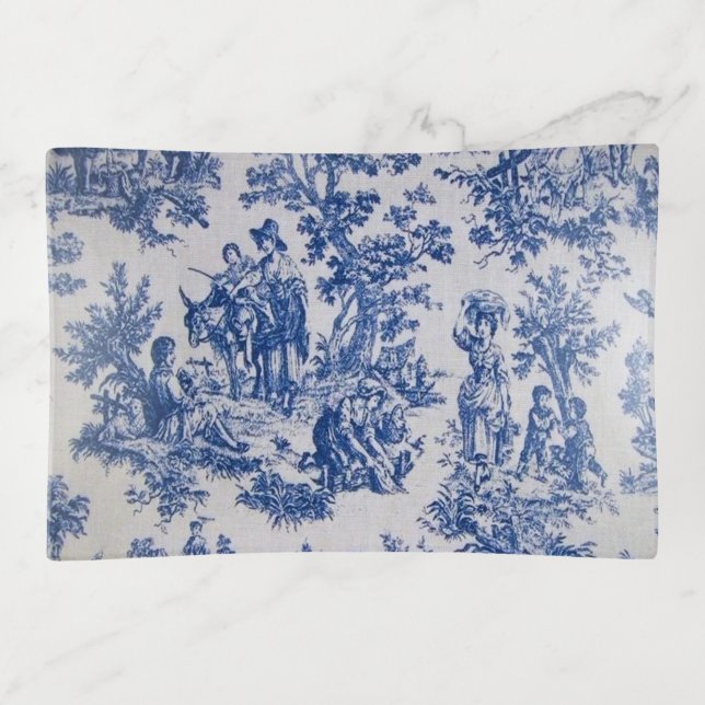 French toile de jouy blue and white elegant trinket tray (Front)