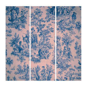 French toile de jouy blue pink wall art Triptych