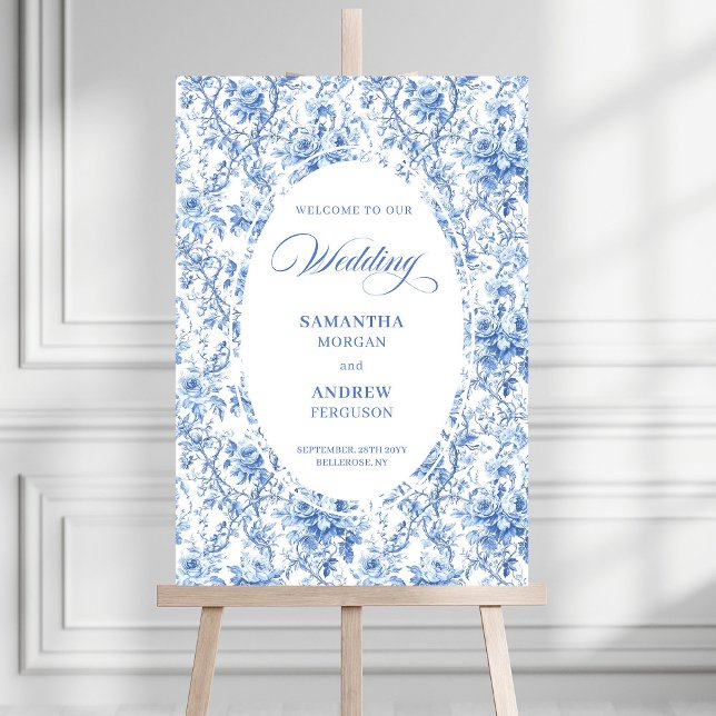 French Toile de Jouy Blue Roses Wedding Welcome  Foam Board (French Toile de Jouy Blue Roses Wedding Welcome Poster)