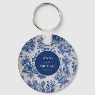French Toile de Jouy Blue White Elegant Wedding  Keychain